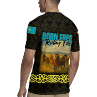 Kazakhstan Born Free Riding Far Rugby Jersey with Wild Horses and Gold Tribal Pattern on Black