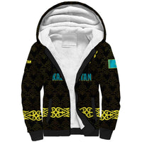 Kazakhstan Born Free Riding Far Sherpa Hoodie with Wild Horses and Gold Tribal Pattern on Black