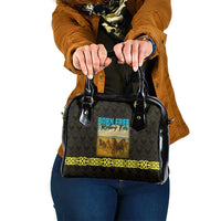Kazakhstan Born Free Riding Far Shoulder Handbag with Wild Horses and Gold Tribal Pattern on Black