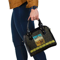 Kazakhstan Born Free Riding Far Shoulder Handbag with Wild Horses and Gold Tribal Pattern on Black