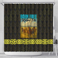 Kazakhstan Born Free Riding Far Shower Curtain with Wild Horses and Gold Tribal Pattern on Black