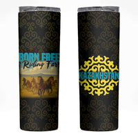Kazakhstan Born Free Riding Far Skinny Tumbler with Wild Horses and Gold Tribal Pattern on Black
