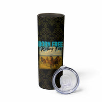 Kazakhstan Born Free Riding Far Skinny Tumbler with Wild Horses and Gold Tribal Pattern on Black