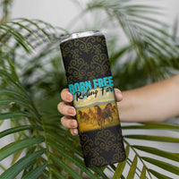 Kazakhstan Born Free Riding Far Skinny Tumbler with Wild Horses and Gold Tribal Pattern on Black