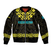 Kazakhstan Born Free Riding Far Sleeve Zip Bomber Jacket with Wild Horses and Gold Tribal Pattern on Black