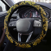 Kazakhstan Born Free Riding Far Steering Wheel Cover with Wild Horses and Gold Tribal Pattern on Black