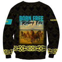 Kazakhstan Born Free Riding Far Sweatshirt with Wild Horses and Gold Tribal Pattern on Black