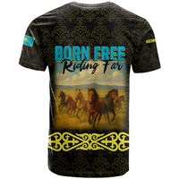 Kazakhstan Born Free Riding Far T Shirt with Wild Horses and Gold Tribal Pattern on Black