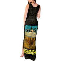 Kazakhstan Born Free Riding Far Tank Maxi Dress with Wild Horses and Gold Tribal Pattern on Black
