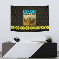Kazakhstan Born Free Riding Far Tapestry with Wild Horses and Gold Tribal Pattern on Black