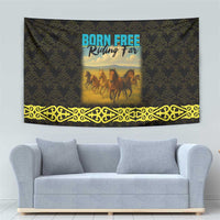 Kazakhstan Born Free Riding Far Tapestry with Wild Horses and Gold Tribal Pattern on Black