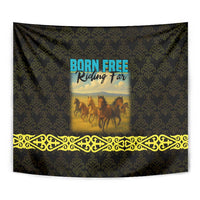 Kazakhstan Born Free Riding Far Tapestry with Wild Horses and Gold Tribal Pattern on Black