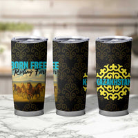 Kazakhstan Born Free Riding Far Tumbler Cup with Wild Horses and Gold Tribal Pattern on Black