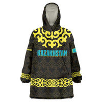 Kazakhstan Born Free Riding Far Wearable Blanket Hoodie with Wild Horses and Gold Tribal Pattern on Black