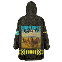 Kazakhstan Born Free Riding Far Wearable Blanket Hoodie with Wild Horses and Gold Tribal Pattern on Black