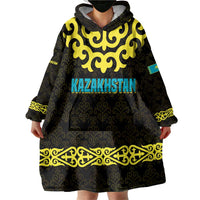 Kazakhstan Born Free Riding Far Wearable Blanket Hoodie with Wild Horses and Gold Tribal Pattern on Black