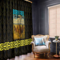 Kazakhstan Born Free Riding Far Window Curtain with Wild Horses and Gold Tribal Pattern on Black