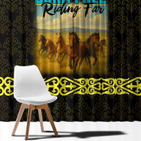 Kazakhstan Born Free Riding Far Window Curtain with Wild Horses and Gold Tribal Pattern on Black
