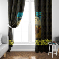 Kazakhstan Born Free Riding Far Window Curtain with Wild Horses and Gold Tribal Pattern on Black
