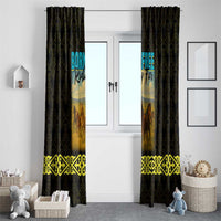 Kazakhstan Born Free Riding Far Window Curtain with Wild Horses and Gold Tribal Pattern on Black