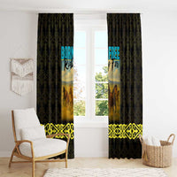 Kazakhstan Born Free Riding Far Window Curtain with Wild Horses and Gold Tribal Pattern on Black