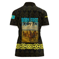 Kazakhstan Born Free Riding Far Women Polo Shirt with Wild Horses and Gold Tribal Pattern on Black