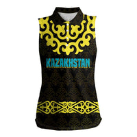 Kazakhstan Born Free Riding Far Women Sleeveless Polo Shirt with Wild Horses and Gold Tribal Pattern on Black