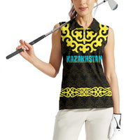 Kazakhstan Born Free Riding Far Women Sleeveless Polo Shirt with Wild Horses and Gold Tribal Pattern on Black