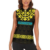 Kazakhstan Born Free Riding Far Women Sleeveless Polo Shirt with Wild Horses and Gold Tribal Pattern on Black