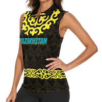 Kazakhstan Born Free Riding Far Women Sleeveless Polo Shirt with Wild Horses and Gold Tribal Pattern on Black