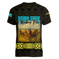 Kazakhstan Born Free Riding Far Women V-Neck T-Shirt with Wild Horses and Gold Tribal Pattern on Black