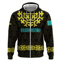 Kazakhstan Born Free Riding Far Zip Hoodie with Wild Horses and Gold Tribal Pattern on Black
