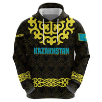 Kazakhstan Born Free Riding Far Zip Hoodie with Wild Horses and Gold Tribal Pattern on Black