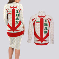 Iran Flag Pattern Couples Matching Long Sleeve Bodycon Dress and Long Sleeve Button Shirt with Bold Red National Emblem Design