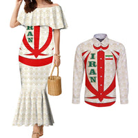 Iran Flag Pattern Couples Matching Mermaid Dress and Long Sleeve Button Shirt with Bold Red National Emblem Design