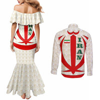 Iran Flag Pattern Couples Matching Mermaid Dress and Long Sleeve Button Shirt with Bold Red National Emblem Design