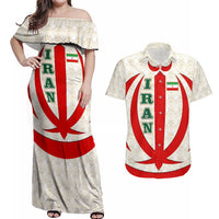 Iran Flag Pattern Couples Matching Off Shoulder Maxi Dress and Hawaiian Shirt with Bold Red National Emblem Design