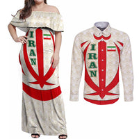 Iran Flag Pattern Couples Matching Off Shoulder Maxi Dress and Long Sleeve Button Shirt with Bold Red National Emblem Design