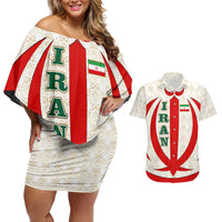 Iran Flag Pattern Couples Matching Off Shoulder Short Dress and Hawaiian Shirt with Bold Red National Emblem Design