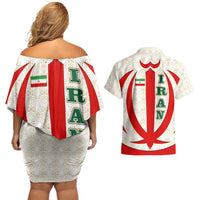 Iran Flag Pattern Couples Matching Off Shoulder Short Dress and Hawaiian Shirt with Bold Red National Emblem Design