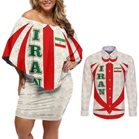 Iran Flag Pattern Couples Matching Off Shoulder Short Dress and Long Sleeve Button Shirt with Bold Red National Emblem Design