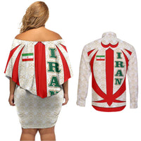 Iran Flag Pattern Couples Matching Off Shoulder Short Dress and Long Sleeve Button Shirt with Bold Red National Emblem Design