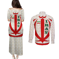 Iran Flag Pattern Couples Matching Puletasi and Long Sleeve Button Shirt with Bold Red National Emblem Design