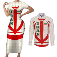 Iran Flag Pattern Couples Matching Short Sleeve Bodycon Dress and Long Sleeve Button Shirt with Bold Red National Emblem Design