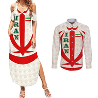 Iran Flag Pattern Couples Matching Summer Maxi Dress and Long Sleeve Button Shirt with Bold Red National Emblem Design