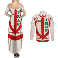Iran Flag Pattern Couples Matching Summer Maxi Dress and Long Sleeve Button Shirt with Bold Red National Emblem Design