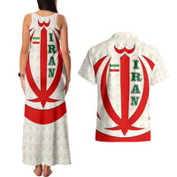 Iran Flag Pattern Couples Matching Tank Maxi Dress and Hawaiian Shirt with Bold Red National Emblem Design