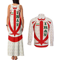 Iran Flag Pattern Couples Matching Tank Maxi Dress and Long Sleeve Button Shirt with Bold Red National Emblem Design