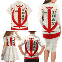 Iran Flag Pattern Family Matching Long Sleeve Bodycon Dress and Hawaiian Shirt with Bold Red National Emblem Design