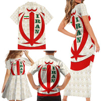 Iran Flag Pattern Family Matching Short Sleeve Bodycon Dress and Hawaiian Shirt with Bold Red National Emblem Design